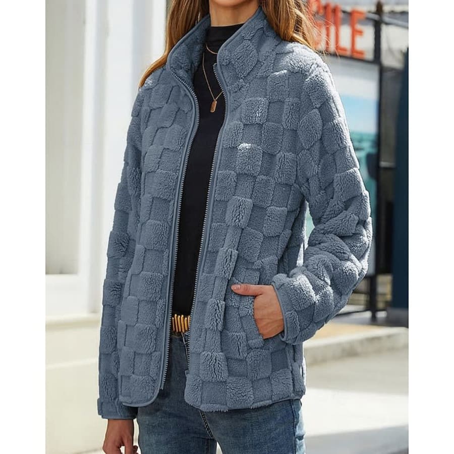Dorothea Textured Plush Short Winter Coat in Blue