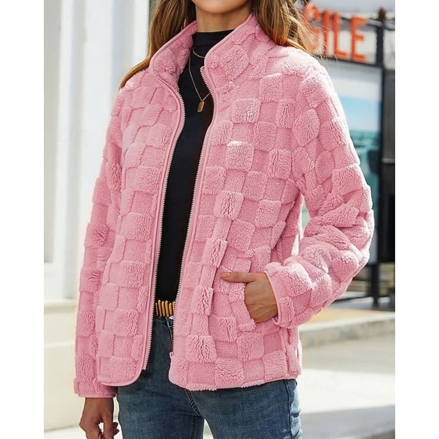Dorothea Textured Plush Short Winter Coat in Pink
