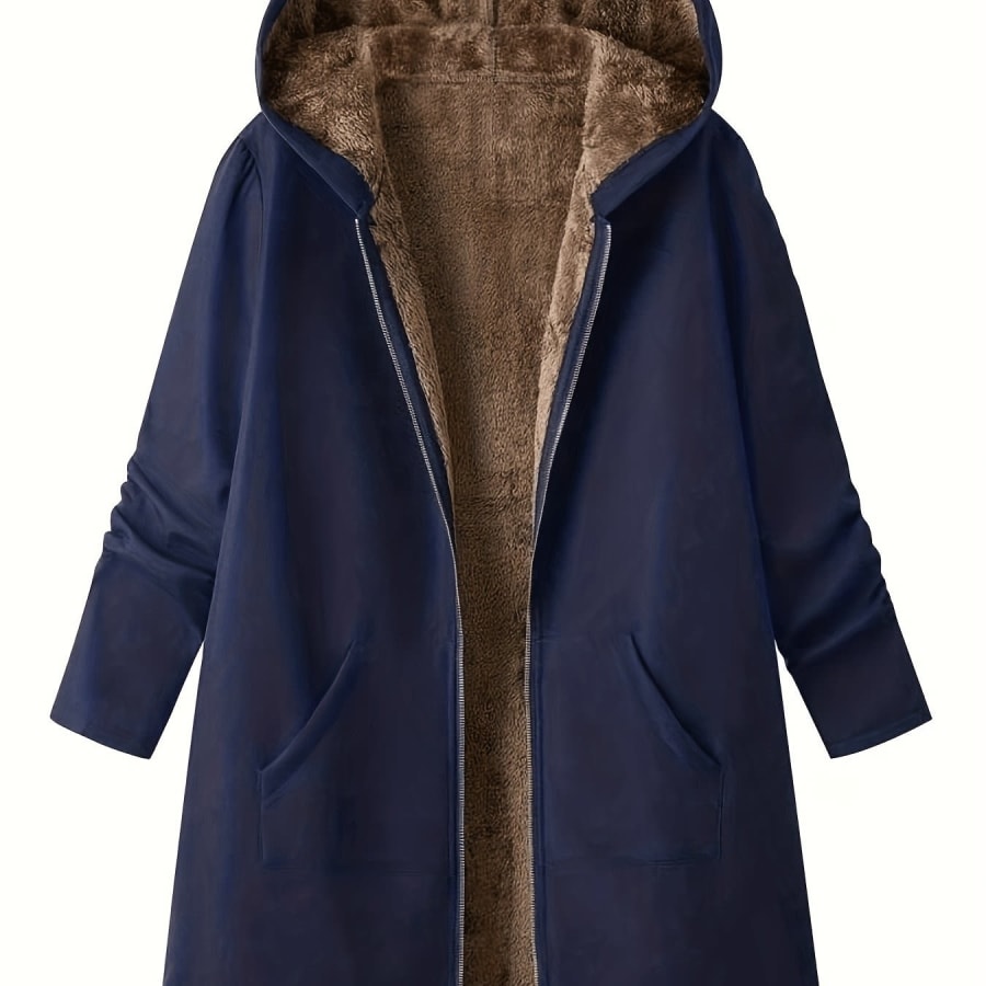 Clover Fleece Lined Hooded Longline Winter Coat in Navy