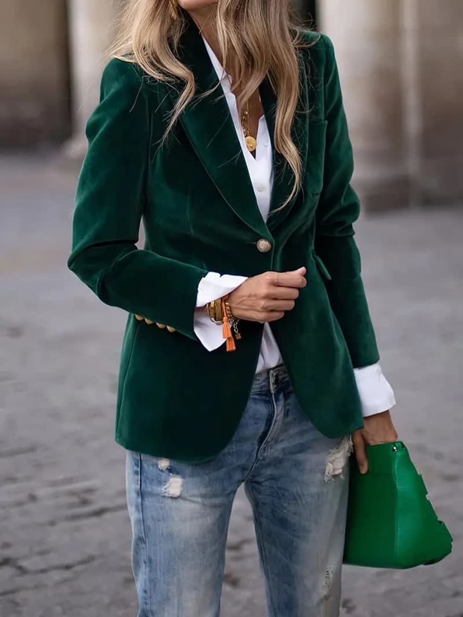 Aveline Velvet Single Button Dress Blazer in Green