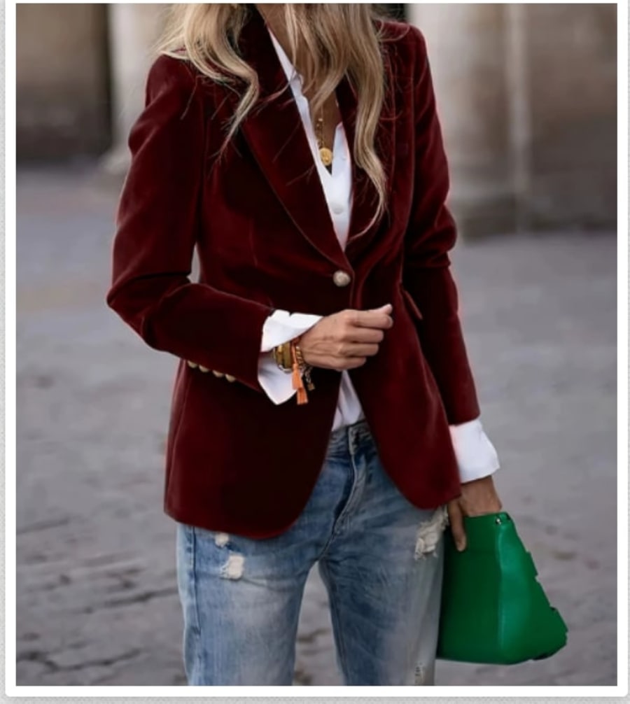 Aveline Velvet Single Button Dress Blazer in Dark Wine Red
