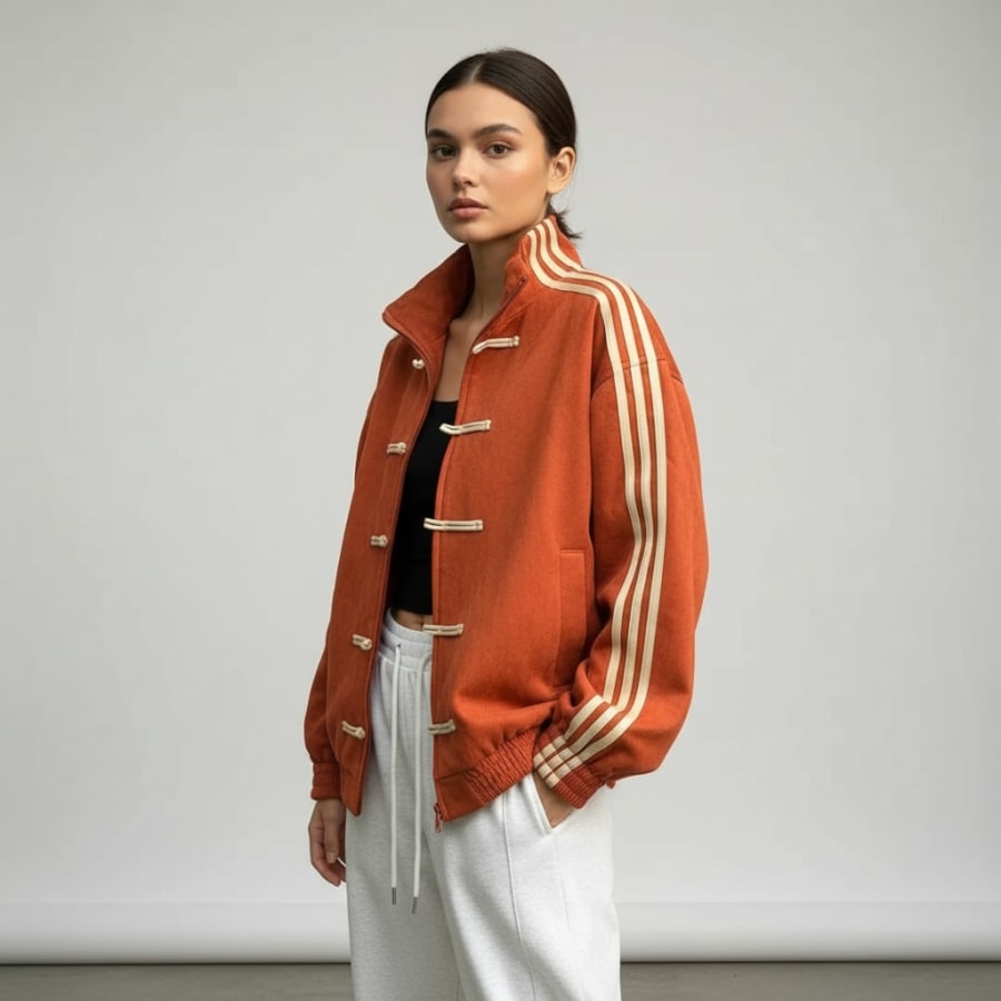 Gilda Retro Frog Button Track Jacket in Rostbraun