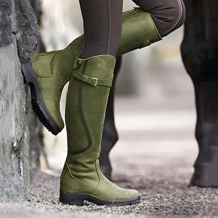 Blythe Waterproof Buckle Knee High Boots in Grün
