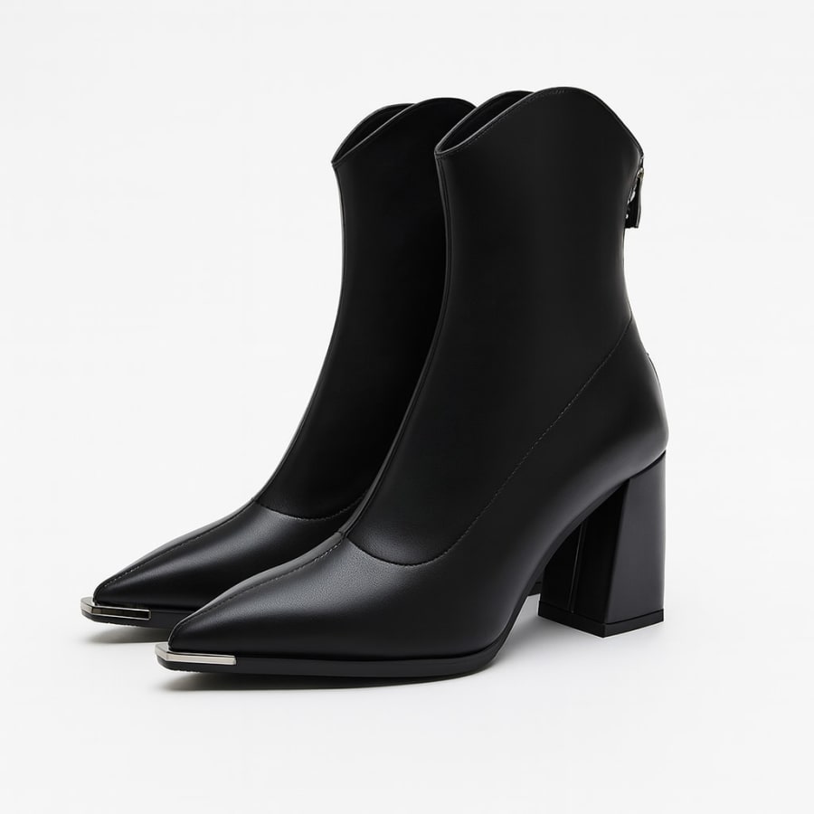 Elke Metal Tip Pointed Toe Heeled Boots in Schwarz