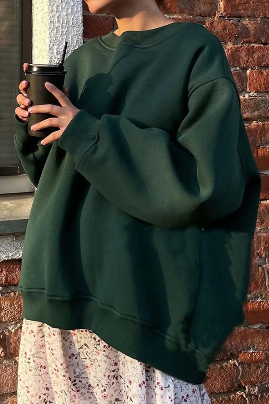 Maeve Oversized Brushed Crew Neck Sweatshirt in Dark Green