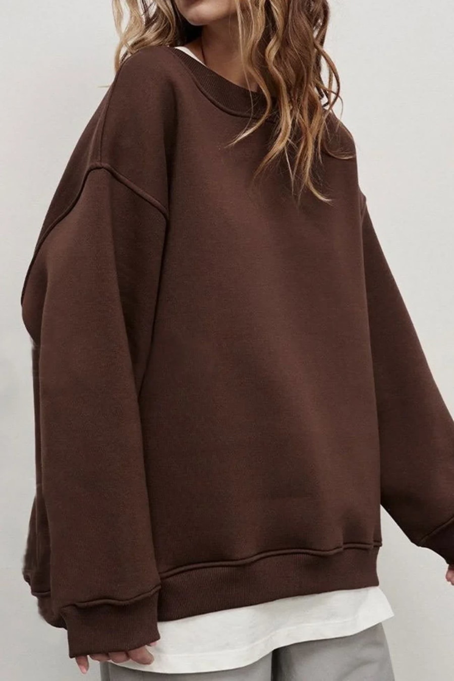 Maeve Oversized Brushed Crew Neck Sweatshirt in Brown