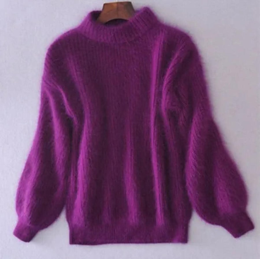 Amara Fluffy High Neck Knitted Jumper in Lila