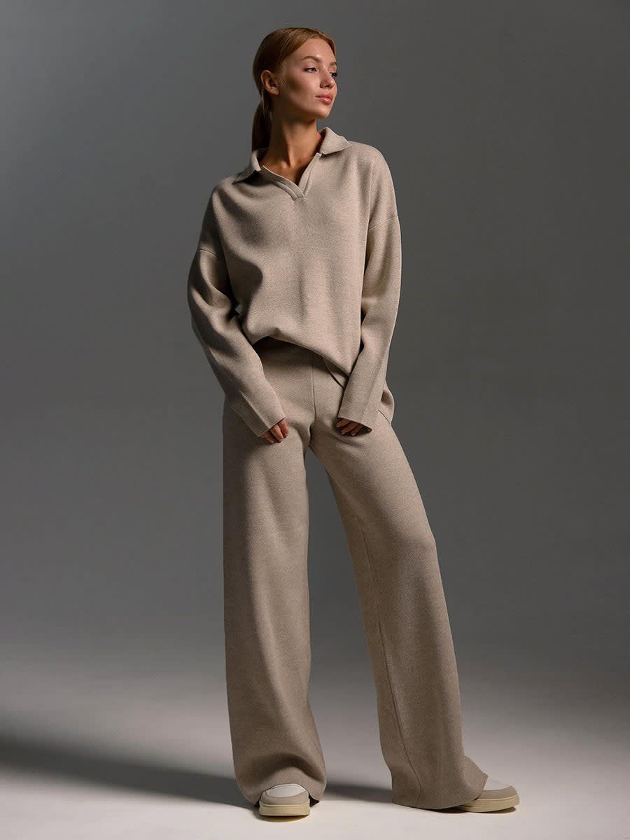 Naomi Polo Collar Knit Co-ord Set in Khaki