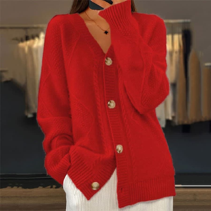 Solene Soft Knit Button Cardigan in Rot