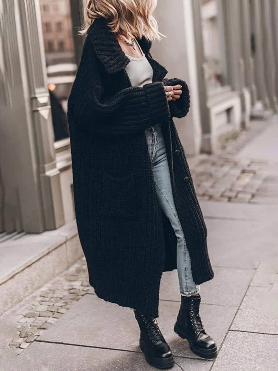 Emmeline Longline Chunky Knit Cardigan in Schwarz