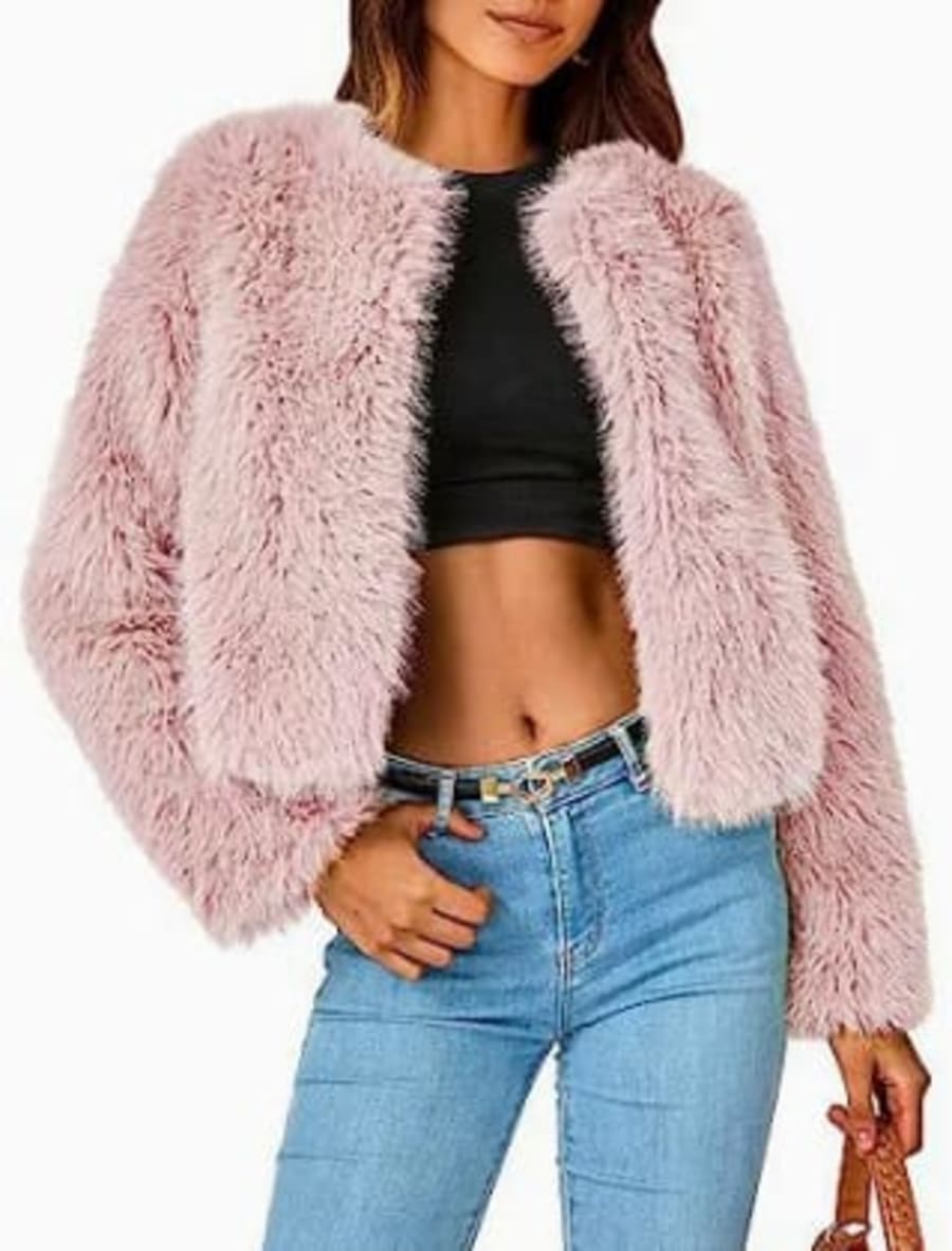 Perdita Cropped Faux Fur Cardigan Jacket in Rosa