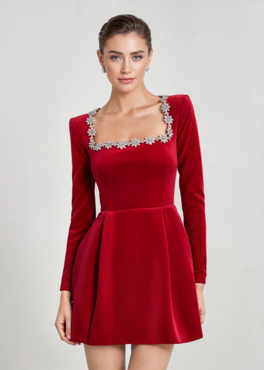 Wynne Embellished Square Neck Velvet Mini Dress in Red