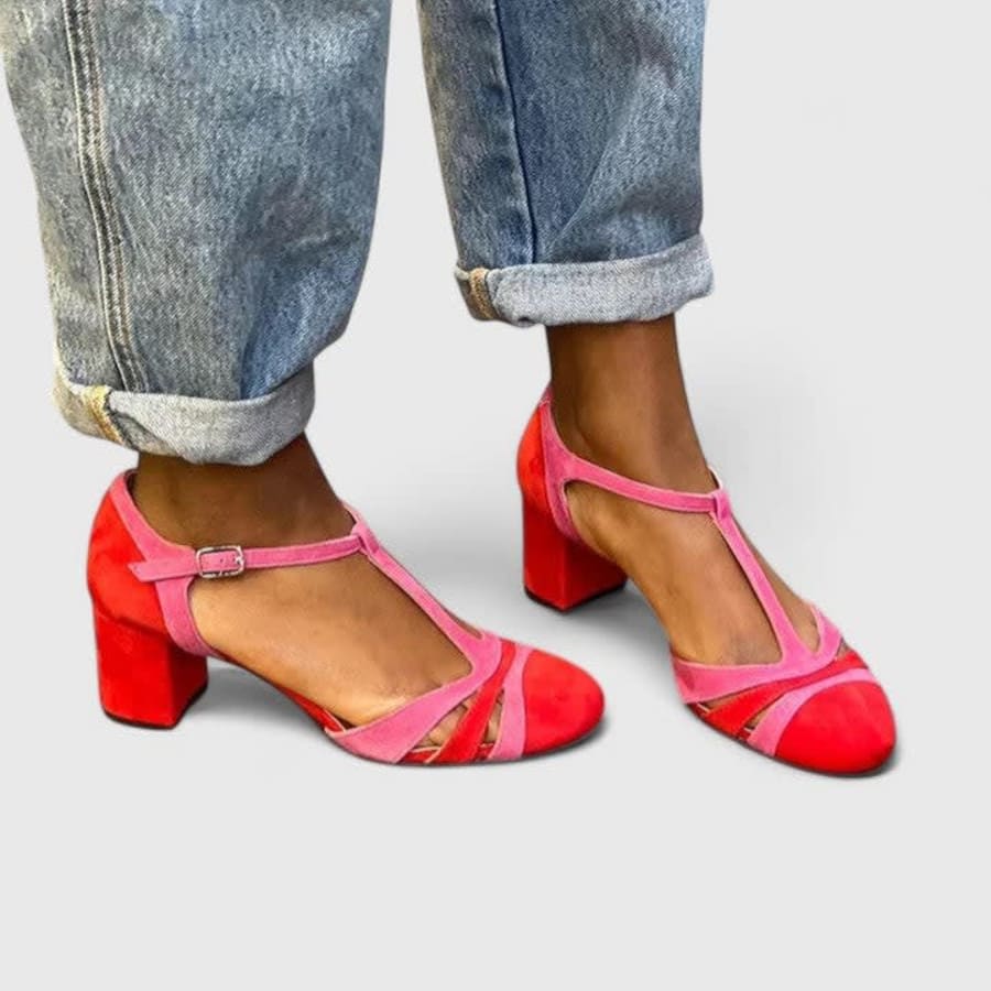 Ffion T-Bar Ankle Strap Block Heels in Berry Red
