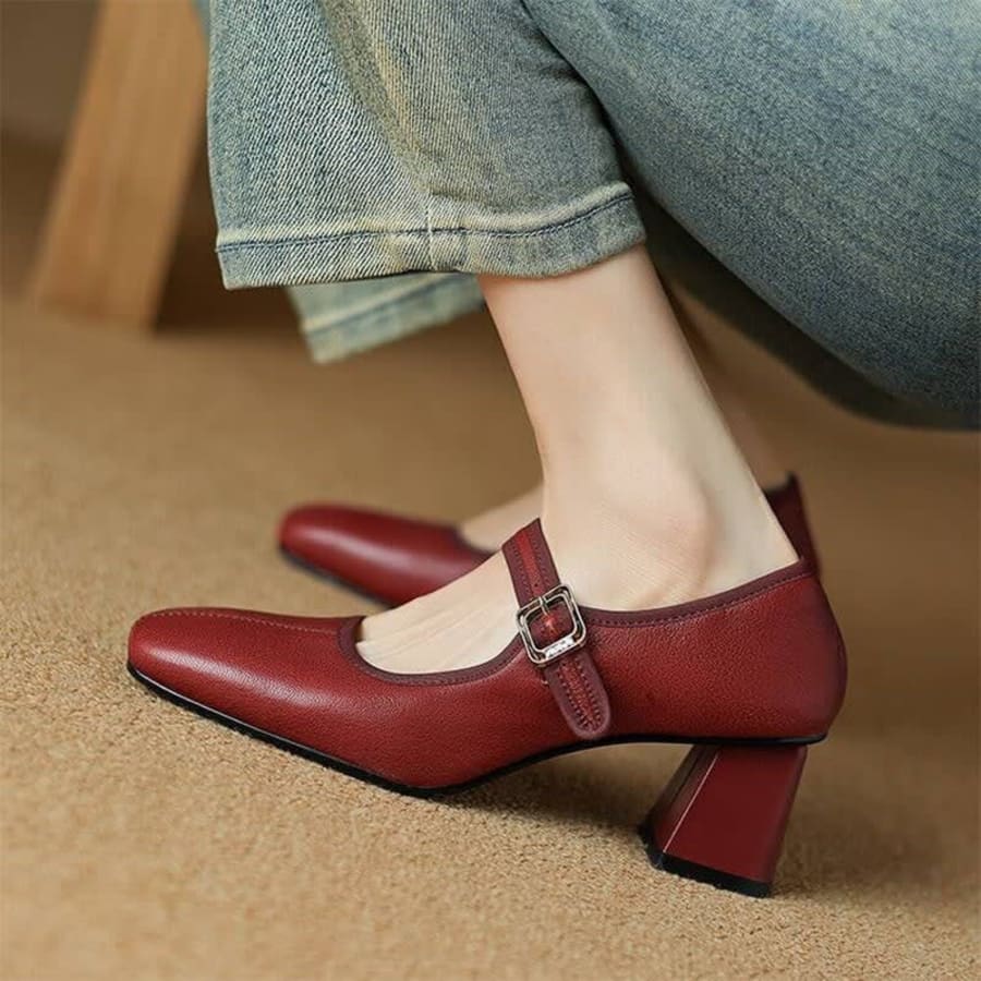 Ilana Square Toe Mary Jane Block Heels in Wine Red