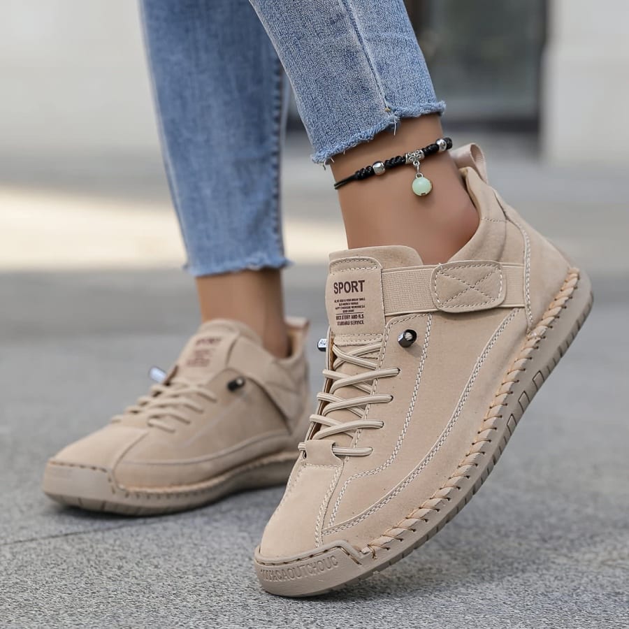 Sena Lace-Up Casual Trainers with Strap in Beige