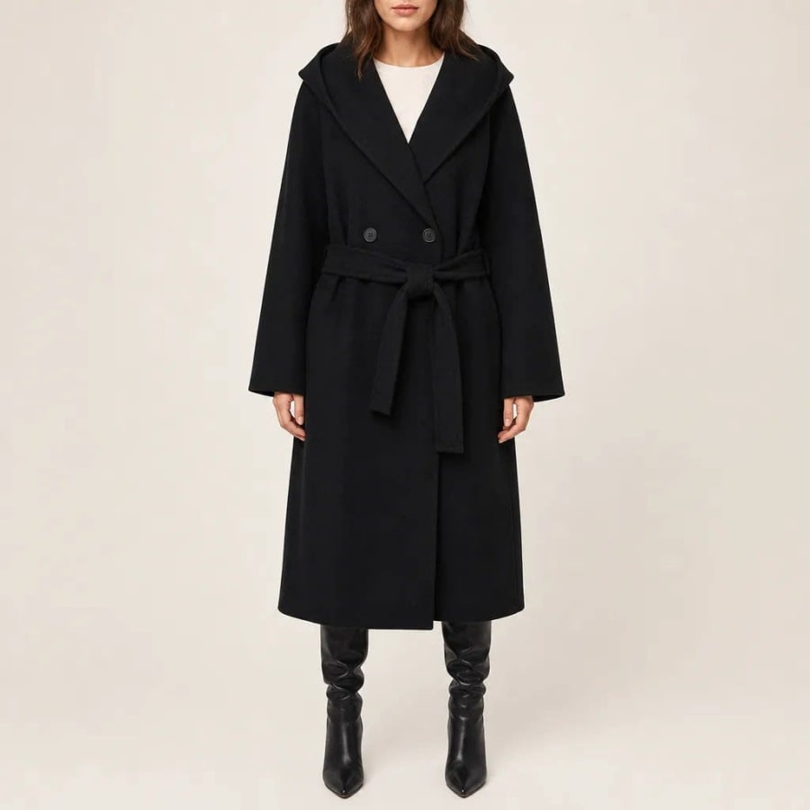 Liesel Belted Double Breasted Long Coat in Black