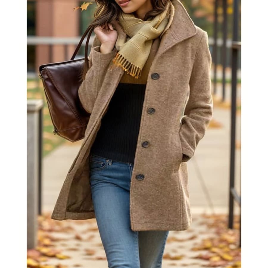 Amara Turndown Collar Button Front Winter Coat in Khaki