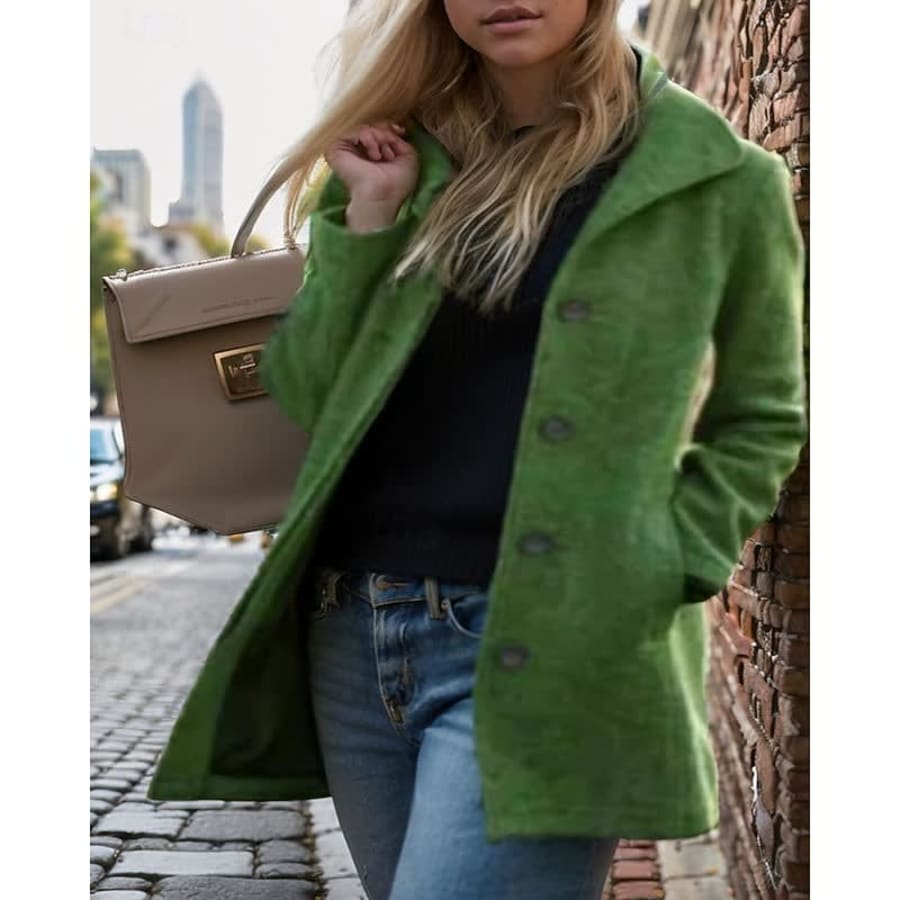 Amara Turndown Collar Button Front Winter Coat in Green