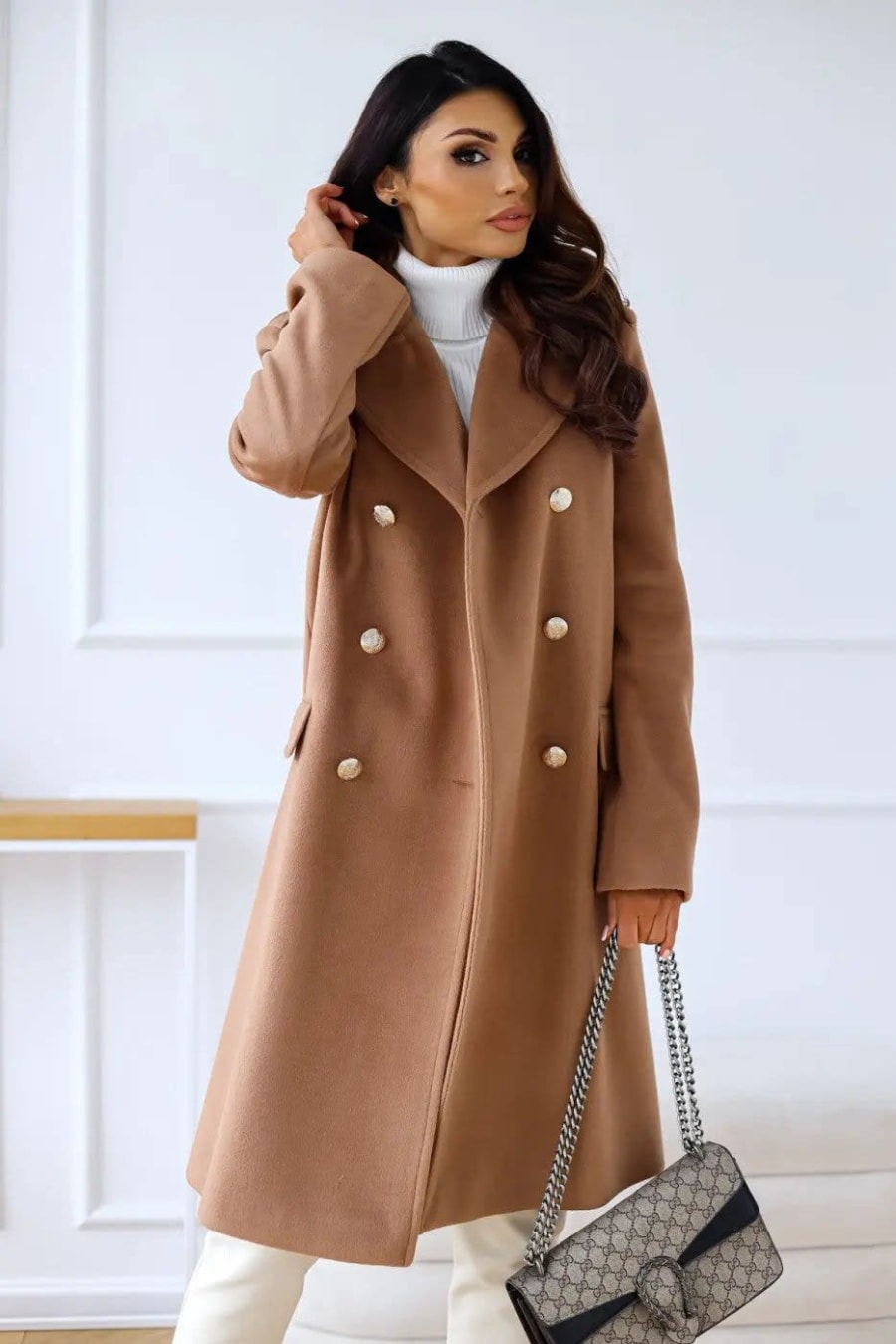 Romy Gold Button Double Breasted Pea Coat in Brown