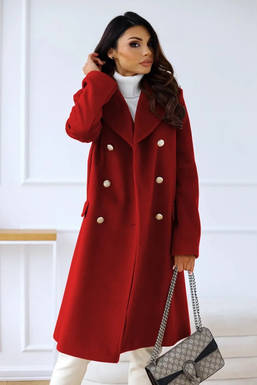 Romy Gold Button Double Breasted Pea Coat in Red