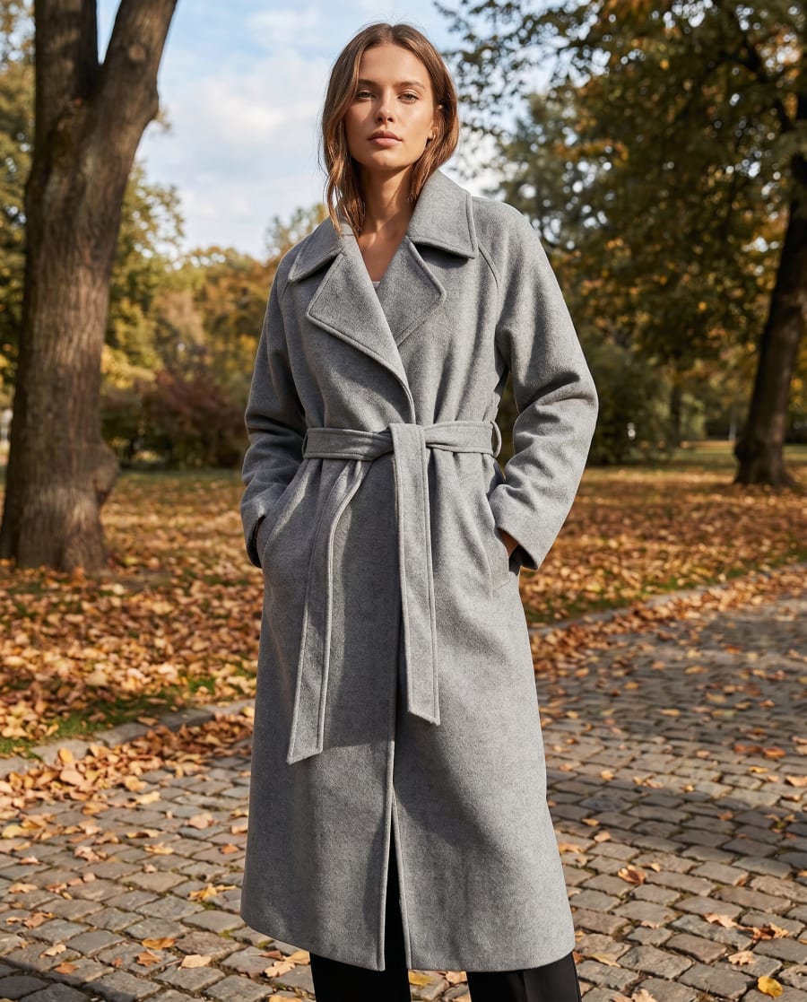 Beatrix Belted Shawl Collar Long Winter Coat in Deep Grey