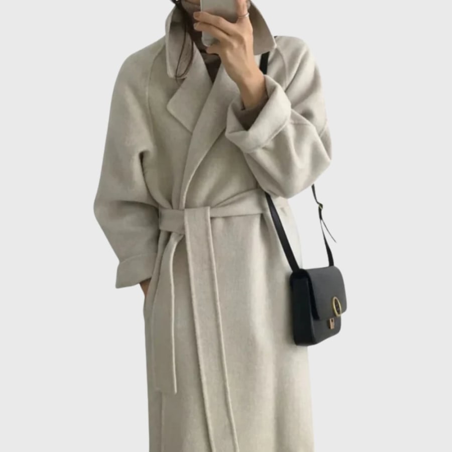 Beatrix Belted Shawl Collar Long Winter Coat in Off White