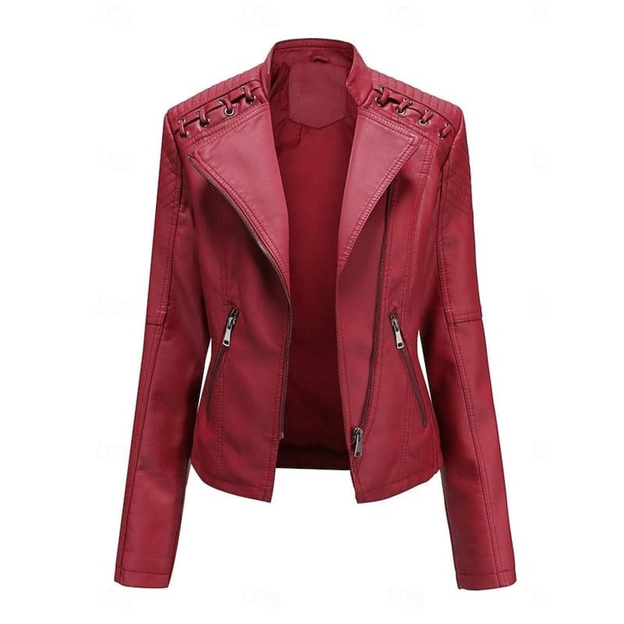 Zelda Studded Shoulder Faux Leather Jacket in Red