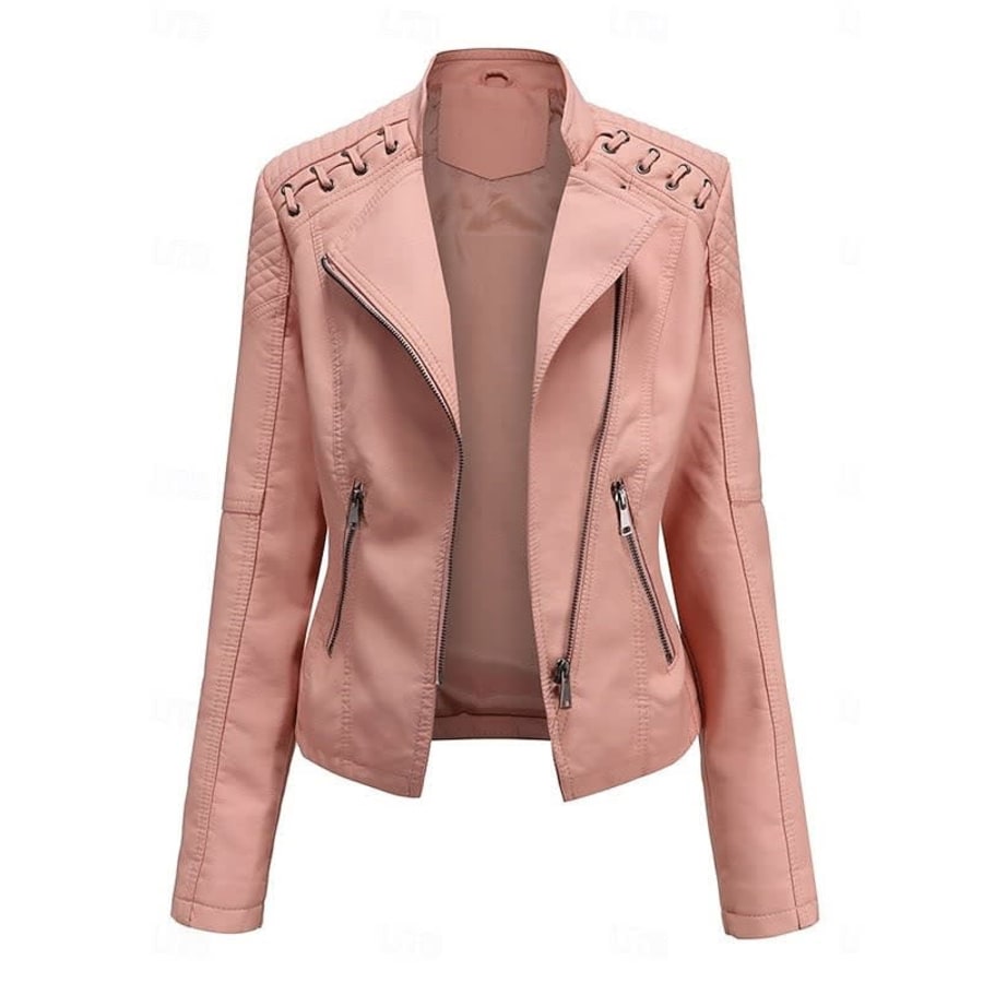Zelda Studded Shoulder Faux Leather Jacket in Pink