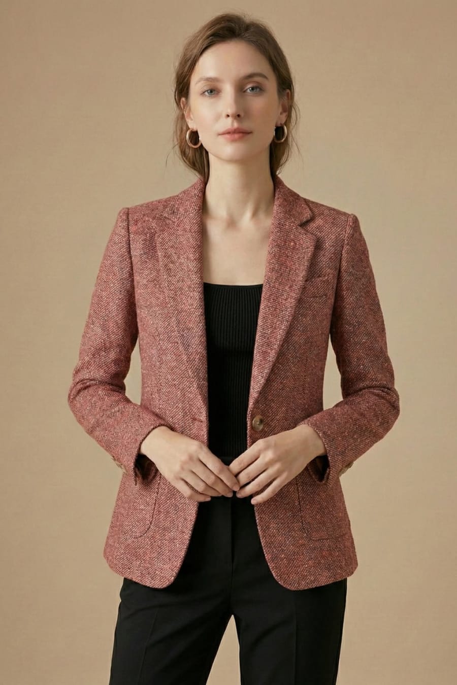 Bronte Herringbone Single Button Dress Blazer in Red