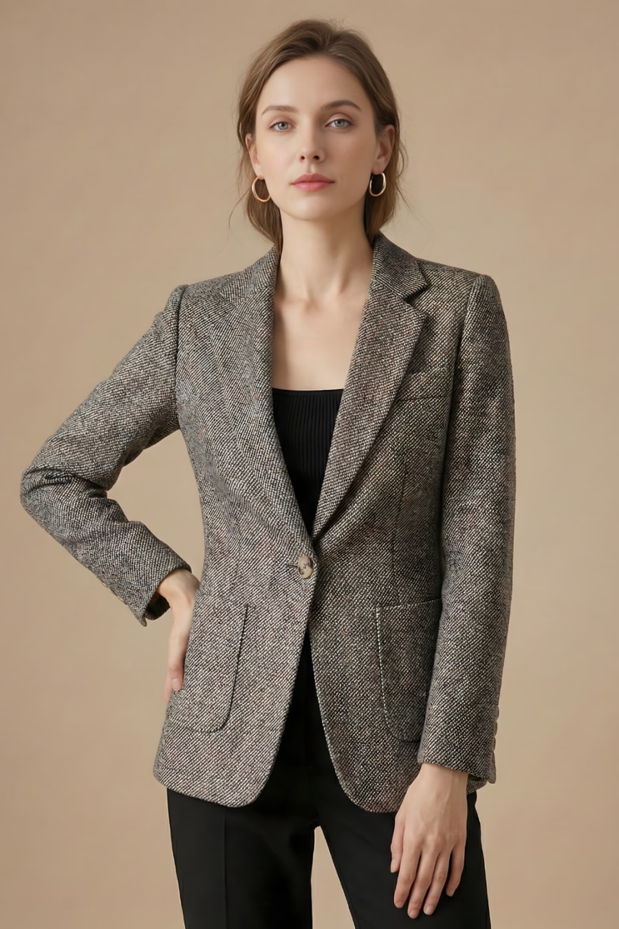 Bronte Herringbone Single Button Dress Blazer in Grey