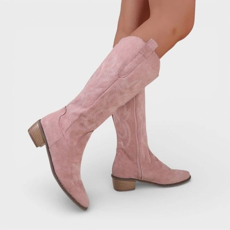 Solene Embroidered Cowboy Knee High Boots in Pink