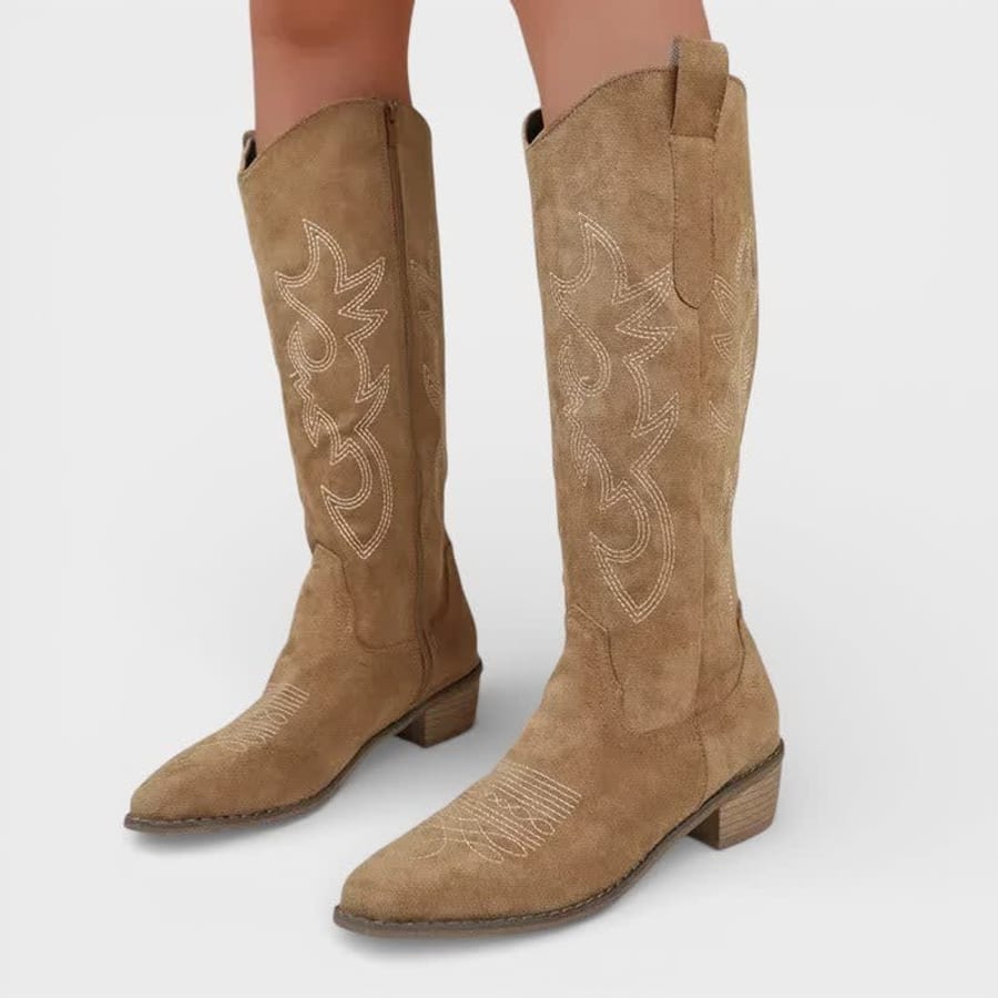 Solene Embroidered Cowboy Knee High Boots in Brown