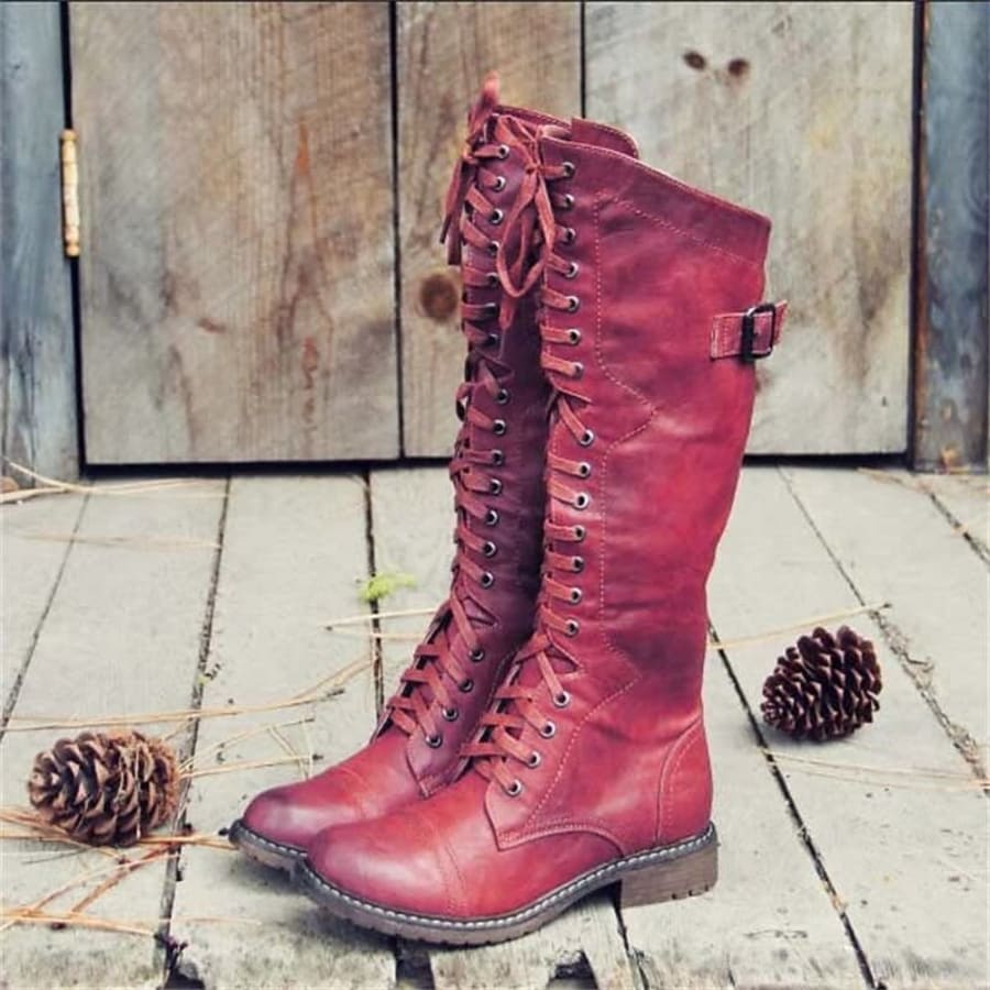 Philippa Lace Up Riding Knee High Boots in Rot