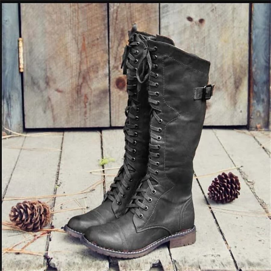 Philippa Lace Up Riding Knee High Boots in Schwarz