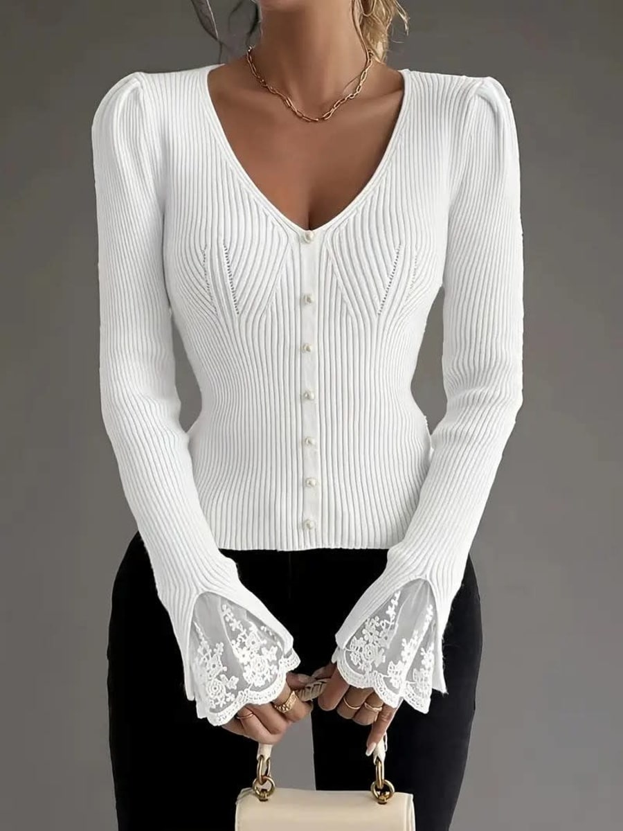Emilia Lace Cuff V-Neck Ribbed Knitted Jumper in White