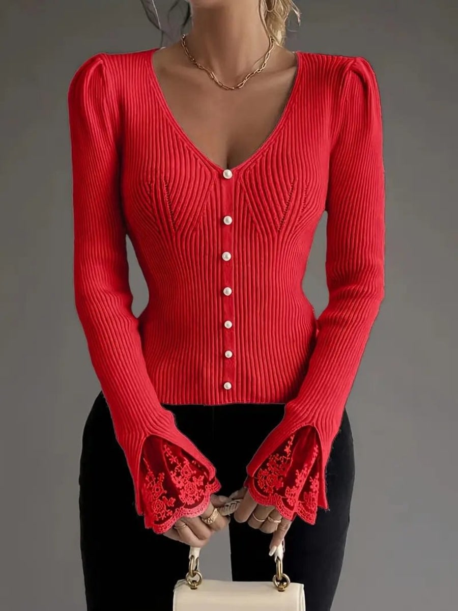 Emilia Lace Cuff V-Neck Ribbed Knitted Jumper in Red