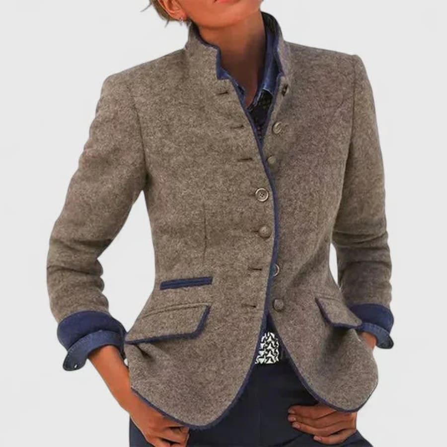 Leonie Stand Collar Fitted Knit Cardigan Jacket in Karamell