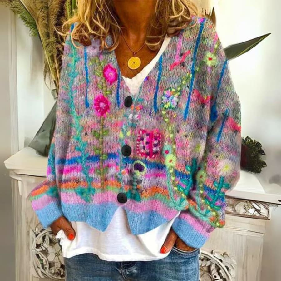 Anouk Floral Print Knit Cardigan in Blau