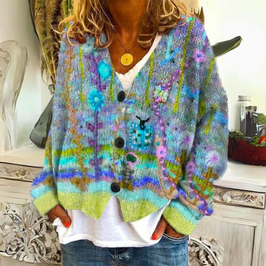Anouk Floral Print Knit Cardigan in Grün