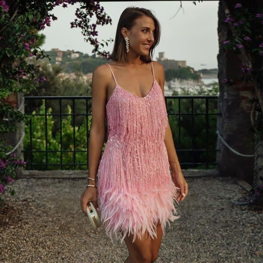 Linnea Feather Hem Fringe Sequin Dress in Pink