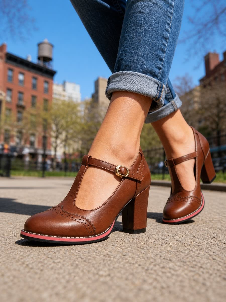 Uma Brogue T-Bar Block Heels