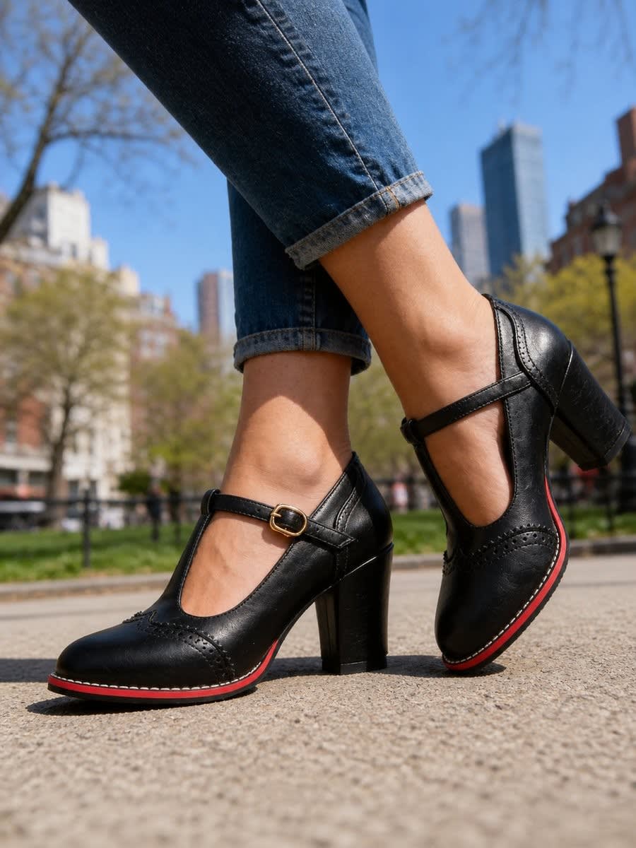 Uma Brogue T-Bar Block Heels