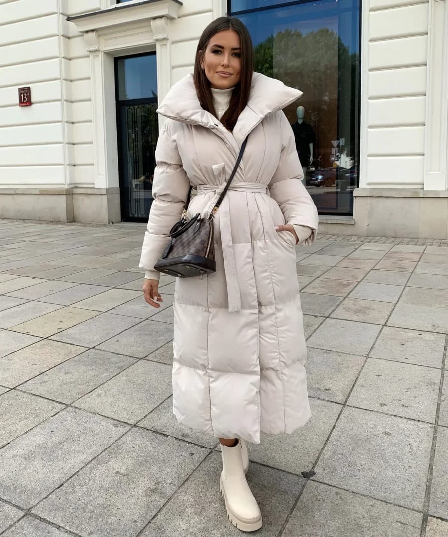 Wilda Belted Longline Puffer Coat with Funnel Neck in Beige