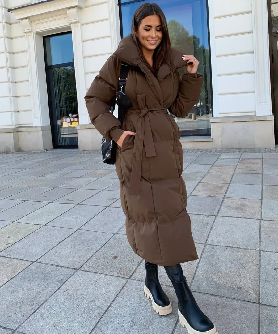 Wilda Belted Longline Puffer Coat with Funnel Neck in Brown