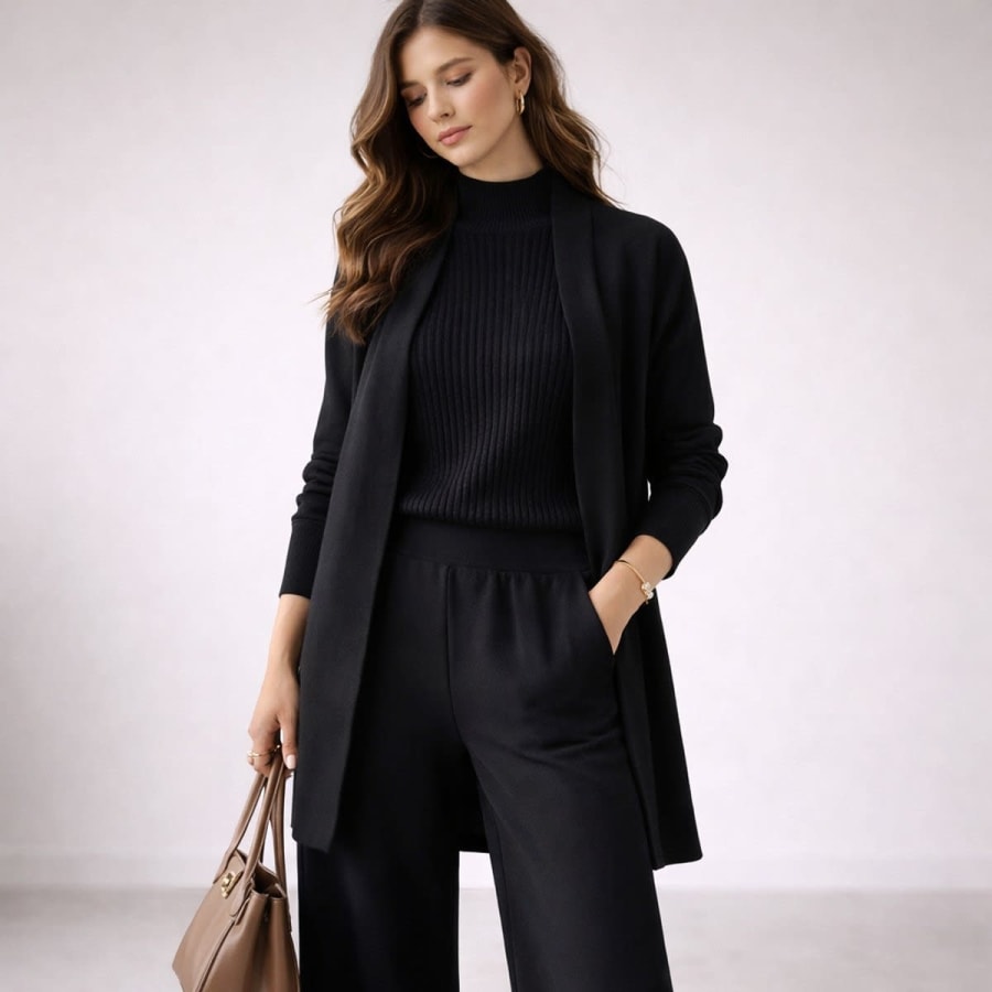 Ophelia Three Piece Knit Lounge Set with Long Cardigan in Schwarz