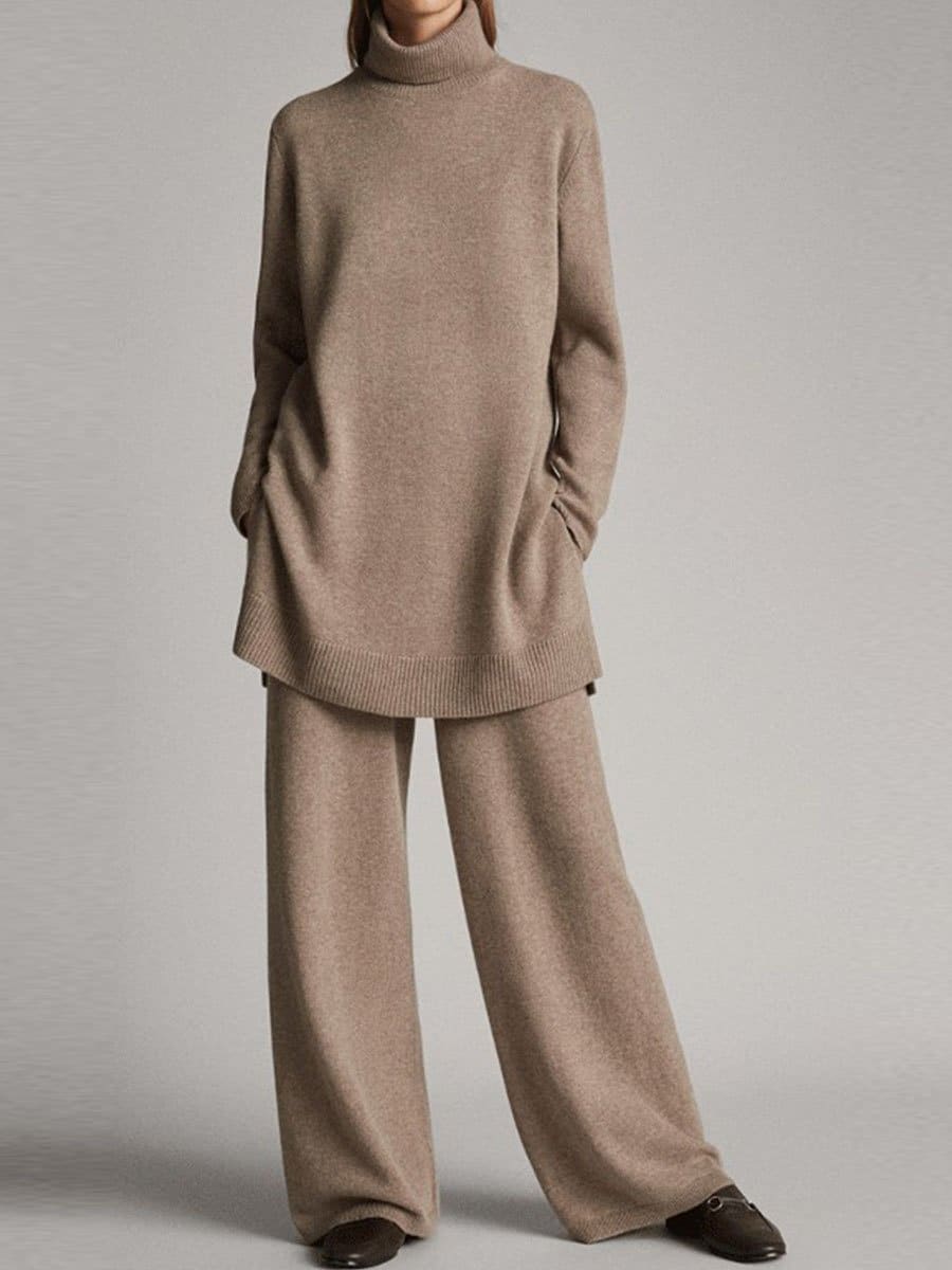 Esme Roll Neck Knit Co Ord Set with Wide Leg Trousers in Beige