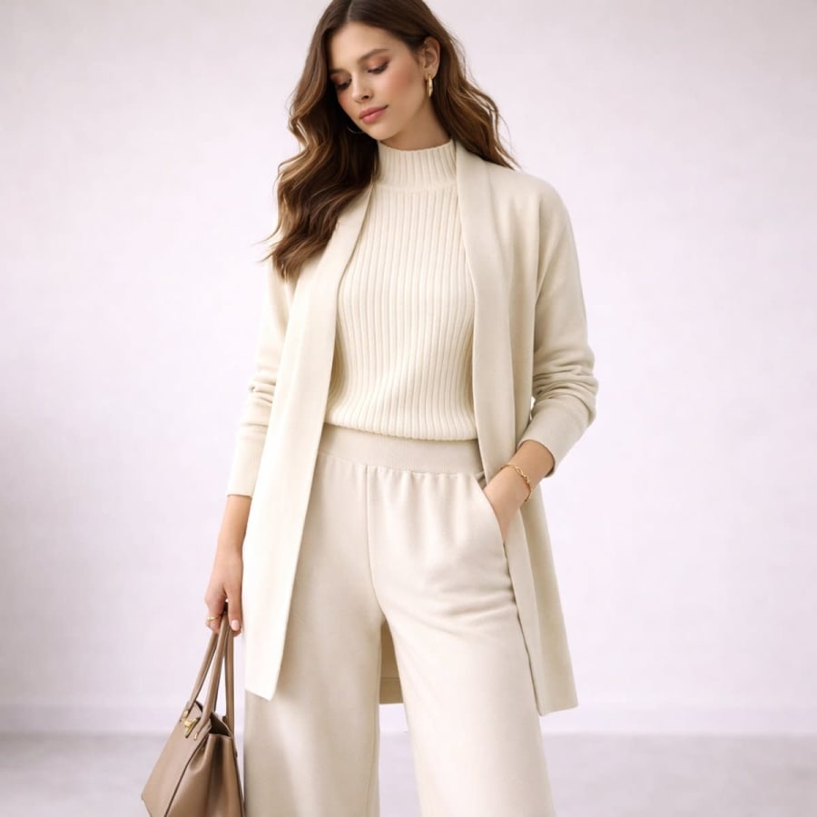 Ophelia Three Piece Knit Lounge Set with Long Cardigan in Weiß