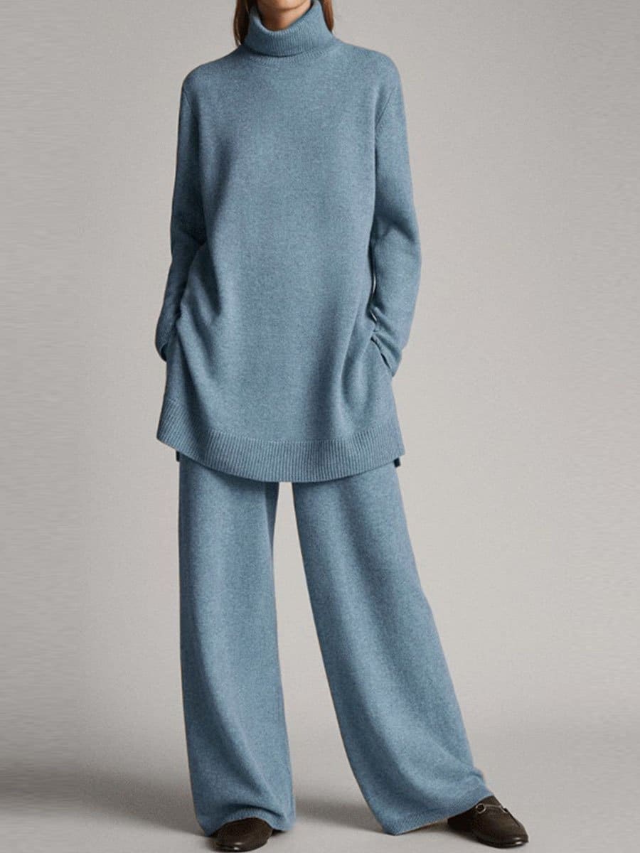 Esme Roll Neck Knit Co Ord Set with Wide Leg Trousers in Blau