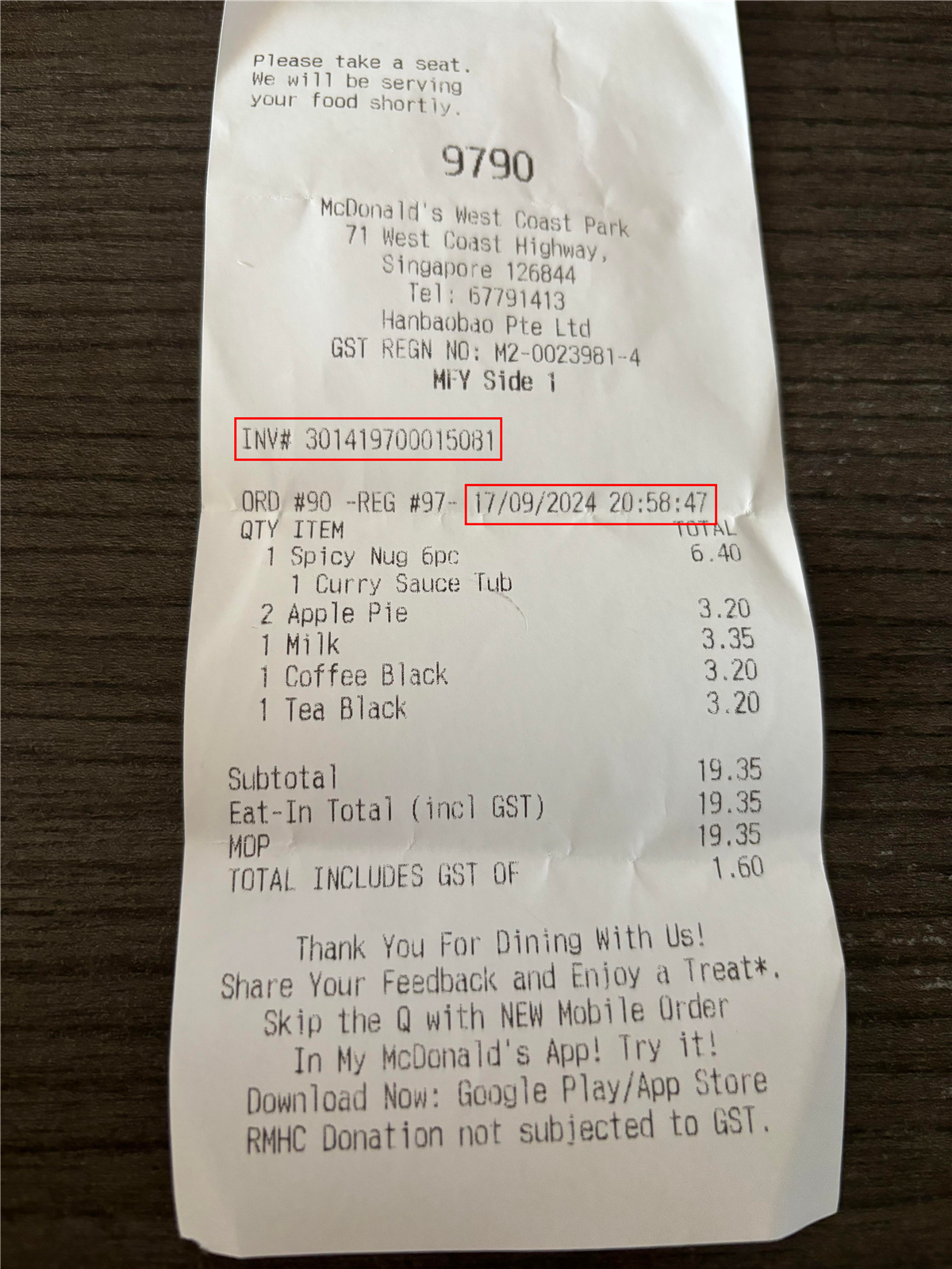 Receipt with Sensitive Information Highlighted