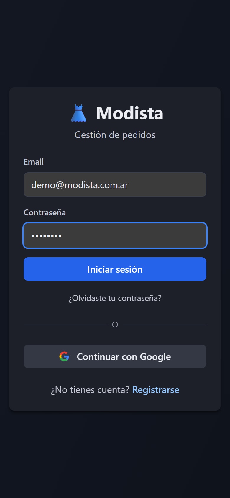 La pantalla de inicio de sesión de Modista